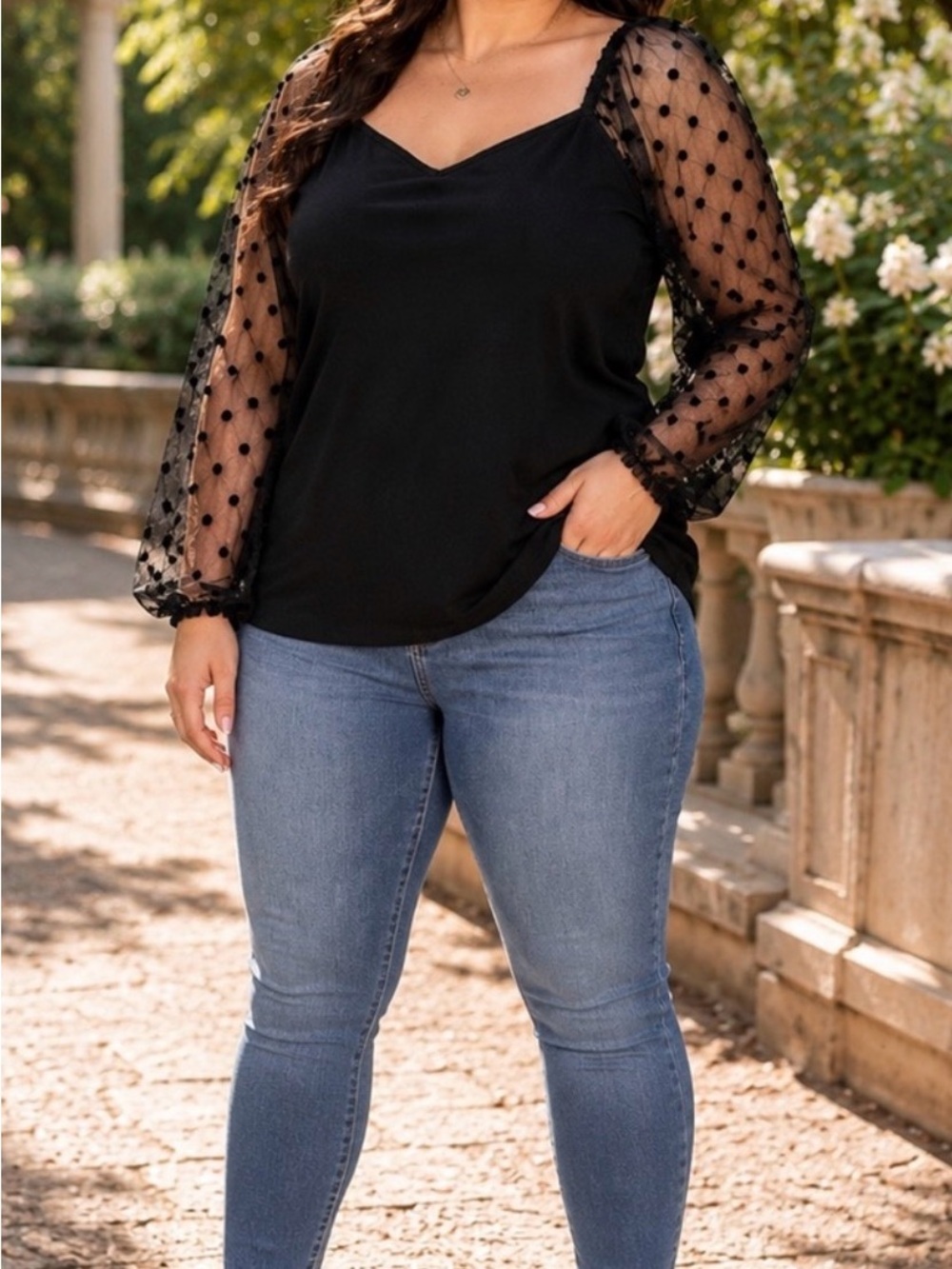 torrid Black Sheer Polka Dot Sleeve V-Neck Top
